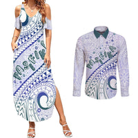 Pasifika Festival Couples Matching Summer Maxi Dress and Long Sleeve Button Shirt Tribal Pattern Violet Version LT01 Purple - Polynesian Pride