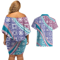 Hawaiian Quilt Pattern Couples Matching Off Shoulder Short Dress and Hawaiian Shirt Purple Blue Color Mixed - Polynesian Pride