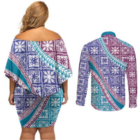 Hawaiian Quilt Pattern Couples Matching Off Shoulder Short Dress and Long Sleeve Button Shirt Purple Blue Color Mixed - Polynesian Pride