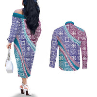Hawaiian Quilt Pattern Couples Matching Off The Shoulder Long Sleeve Dress and Long Sleeve Button Shirt Purple Blue Color Mixed - Polynesian Pride