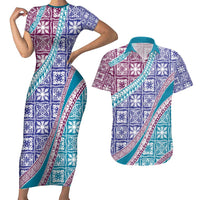 Hawaiian Quilt Pattern Couples Matching Short Sleeve Bodycon Dress and Hawaiian Shirt Purple Blue Color Mixed - Polynesian Pride