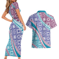 Hawaiian Quilt Pattern Couples Matching Short Sleeve Bodycon Dress and Hawaiian Shirt Purple Blue Color Mixed - Polynesian Pride
