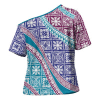 Hawaiian Quilt Pattern Cross Shoulder Shirt Purple Blue Color Mixed - Polynesian Pride