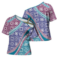 Hawaiian Quilt Pattern Cross Shoulder Shirt Purple Blue Color Mixed - Polynesian Pride