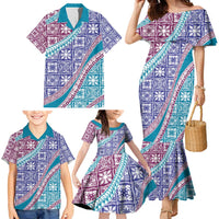 Hawaiian Quilt Pattern Family Matching Mermaid Dress and Hawaiian Shirt Purple Blue Color Mixed - Polynesian Pride