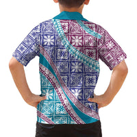 Hawaiian Quilt Pattern Family Matching Off The Shoulder Long Sleeve Dress and Hawaiian Shirt Purple Blue Color Mixed - Polynesian Pride