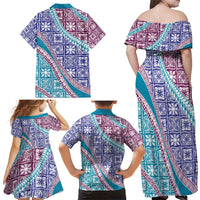 Hawaiian Quilt Pattern Family Matching Off Shoulder Maxi Dress and Hawaiian Shirt Purple Blue Color Mixed - Polynesian Pride