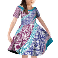 Hawaiian Quilt Pattern Family Matching Off Shoulder Short Dress and Hawaiian Shirt Purple Blue Color Mixed - Polynesian Pride