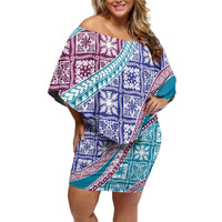 Hawaiian Quilt Pattern Family Matching Off Shoulder Short Dress and Hawaiian Shirt Purple Blue Color Mixed - Polynesian Pride