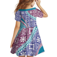Hawaiian Quilt Pattern Family Matching Short Sleeve Bodycon Dress and Hawaiian Shirt Purple Blue Color Mixed - Polynesian Pride