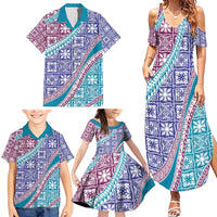 Hawaiian Quilt Pattern Family Matching Summer Maxi Dress and Hawaiian Shirt Purple Blue Color Mixed - Polynesian Pride