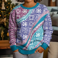 Hawaiian Quilt Pattern Kid Ugly Christmas Sweater Purple Blue Color Mixed - Polynesian Pride
