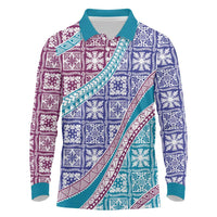Hawaiian Quilt Pattern Long Sleeve Polo Shirt Purple Blue Color Mixed - Polynesian Pride