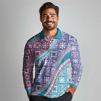 Hawaiian Quilt Pattern Long Sleeve Polo Shirt Purple Blue Color Mixed - Polynesian Pride