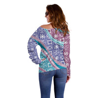 Hawaiian Quilt Pattern Off Shoulder Sweater Purple Blue Color Mixed - Polynesian Pride