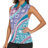 Hawaiian Quilt Pattern Women Sleeveless Polo Shirt Purple Blue Color Mixed - Polynesian Pride