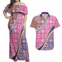 Hawaiian Quilt Pattern Couples Matching Off Shoulder Maxi Dress and Hawaiian Shirt Sweet Color Mixed - Polynesian Pride