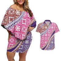 Hawaiian Quilt Pattern Couples Matching Off Shoulder Short Dress and Hawaiian Shirt Sweet Color Mixed - Polynesian Pride