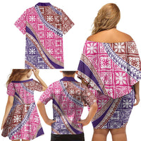 Hawaiian Quilt Pattern Family Matching Off Shoulder Short Dress and Hawaiian Shirt Sweet Color Mixed - Polynesian Pride