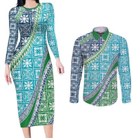 Hawaiian Quilt Pattern Couples Matching Long Sleeve Bodycon Dress and Long Sleeve Button Shirt Fresh Color Mixed - Polynesian Pride