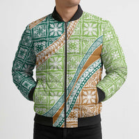 Hawaiian Quilt Pattern Bomber Puffer Jacket Green Chestnut Color Mixed LT01 - Polynesian Pride