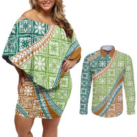 Hawaiian Quilt Pattern Couples Matching Off Shoulder Short Dress and Long Sleeve Button Shirt Green Chestnut Color Mixed - Polynesian Pride