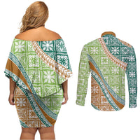 Hawaiian Quilt Pattern Couples Matching Off Shoulder Short Dress and Long Sleeve Button Shirt Green Chestnut Color Mixed - Polynesian Pride