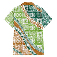 Hawaiian Quilt Pattern Family Matching Off The Shoulder Long Sleeve Dress and Hawaiian Shirt Green Chestnut Color Mixed - Polynesian Pride