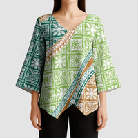 Hawaiian Quilt Pattern Kimono Sleeve Blouse Green Chestnut Color Mixed LT01 - Polynesian Pride