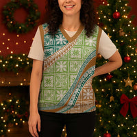 Hawaiian Quilt Pattern Christmas Knitted V-Neck Vest Green Chestnut Color Mixed LT01 - Polynesian Pride