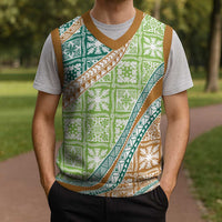 Hawaiian Quilt Pattern Christmas Knitted V-Neck Vest Green Chestnut Color Mixed LT01 - Polynesian Pride
