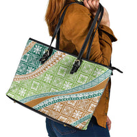 Hawaiian Quilt Pattern Leather Tote Bag Green Chestnut Color Mixed LT01 - Polynesian Pride