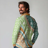 Hawaiian Quilt Pattern Long Sleeve Polo Shirt Green Chestnut Color Mixed - Polynesian Pride