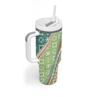 Hawaiian Quilt Pattern Tumbler With Handle Green Chestnut Color Mixed - Polynesian Pride