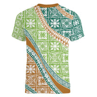 Hawaiian Quilt Pattern Women V-Neck T-Shirt Green Chestnut Color Mixed LT01 - Polynesian Pride