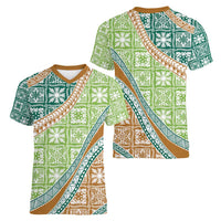 Hawaiian Quilt Pattern Women V-Neck T-Shirt Green Chestnut Color Mixed LT01 - Polynesian Pride
