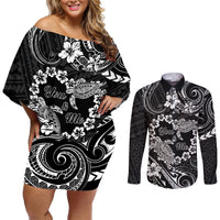 Polynesian Turtle Valentine Couples Matching Off Shoulder Short Dress and Long Sleeve Button Shirt You And Me Hibiscus Heart LT01 Black - Polynesian Pride