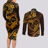 Polynesian Turtle Valentine Couples Matching Long Sleeve Bodycon Dress and Long Sleeve Button Shirt You And Me Gold Hibiscus Heart LT01 - Polynesian Pride