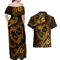 Polynesian Turtle Valentine Couples Matching Off Shoulder Maxi Dress and Hawaiian Shirt You And Me Gold Hibiscus Heart LT01 - Polynesian Pride