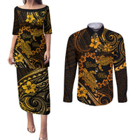 Polynesian Turtle Valentine Couples Matching Puletasi and Long Sleeve Button Shirt You And Me Gold Hibiscus Heart LT01 Gold - Polynesian Pride