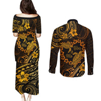 Polynesian Turtle Valentine Couples Matching Puletasi and Long Sleeve Button Shirt You And Me Gold Hibiscus Heart LT01 - Polynesian Pride