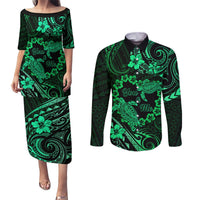 Polynesian Turtle Valentine Couples Matching Puletasi and Long Sleeve Button Shirt You And Me Green Hibiscus Heart LT01 Green - Polynesian Pride