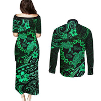 Polynesian Turtle Valentine Couples Matching Puletasi and Long Sleeve Button Shirt You And Me Green Hibiscus Heart LT01 - Polynesian Pride