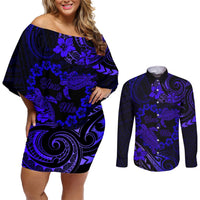 Polynesian Turtle Valentine Couples Matching Off Shoulder Short Dress and Long Sleeve Button Shirt You And Me Navy Blue Hibiscus Heart LT01 Blue - Polynesian Pride