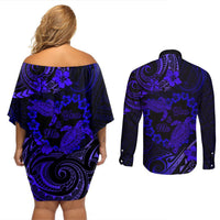 Polynesian Turtle Valentine Couples Matching Off Shoulder Short Dress and Long Sleeve Button Shirt You And Me Navy Blue Hibiscus Heart LT01 - Polynesian Pride