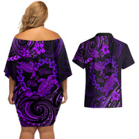 Polynesian Turtle Valentine Couples Matching Off Shoulder Short Dress and Hawaiian Shirt You And Me Purple Hibiscus Heart LT01 - Polynesian Pride