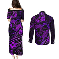 Polynesian Turtle Valentine Couples Matching Puletasi and Long Sleeve Button Shirt You And Me Purple Hibiscus Heart LT01 - Polynesian Pride