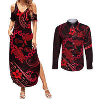 Polynesian Turtle Valentine Couples Matching Summer Maxi Dress and Long Sleeve Button Shirt You And Me Red Hibiscus Heart LT01 Red - Polynesian Pride