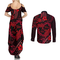 Polynesian Turtle Valentine Couples Matching Summer Maxi Dress and Long Sleeve Button Shirt You And Me Red Hibiscus Heart LT01 - Polynesian Pride
