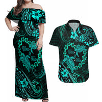 Polynesian Turtle Valentine Couples Matching Off Shoulder Maxi Dress and Hawaiian Shirt You And Me Turquoise Hibiscus Heart LT01 Turquoise - Polynesian Pride